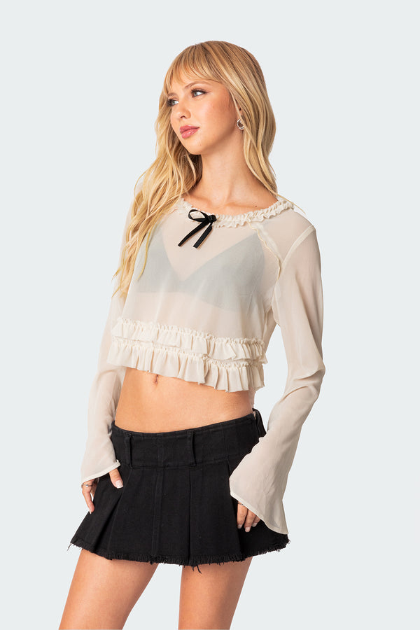 Edikted Grace Sheer Ruffle Chiffon Top Beige
