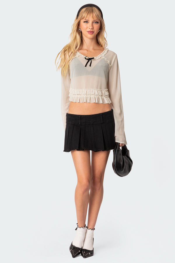 Edikted Grace Sheer Ruffle Chiffon Top Beige