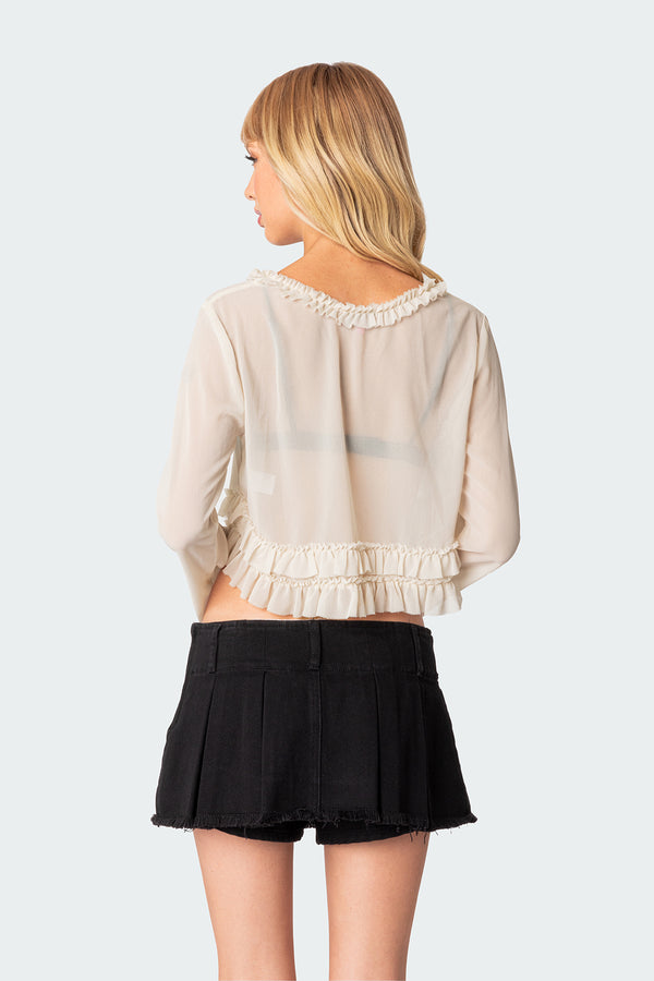 Edikted Grace Sheer Ruffle Chiffon Top Beige