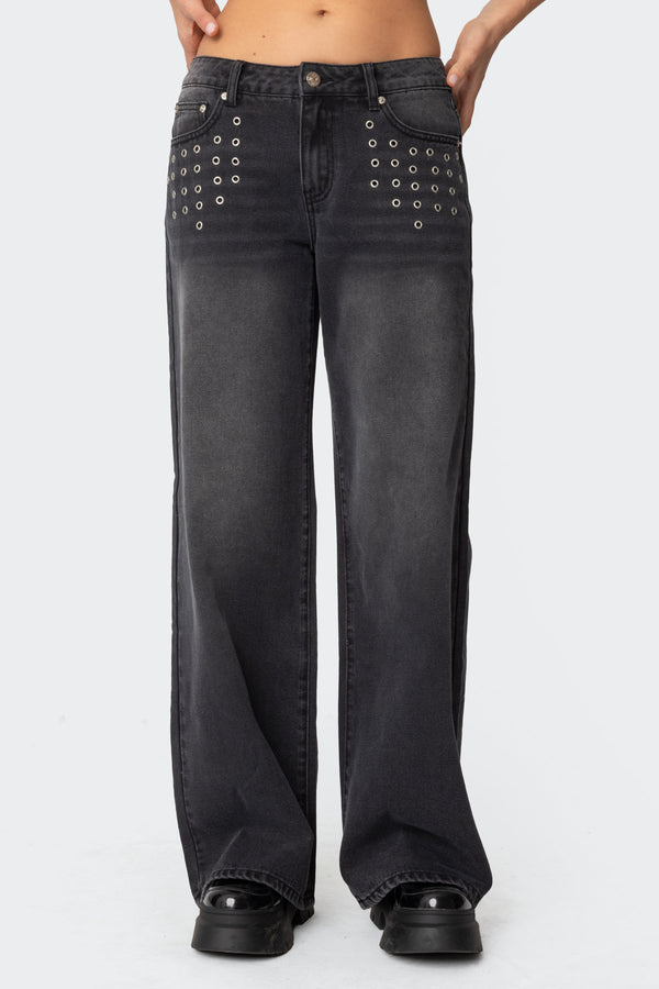 Edikted Grommet Low Rise Baggy Jeans Black
