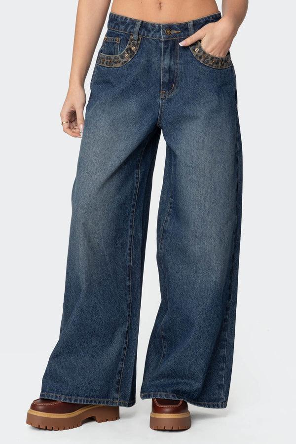 Edikted Gwen Leopard Detail Low Rise Jeans Blue