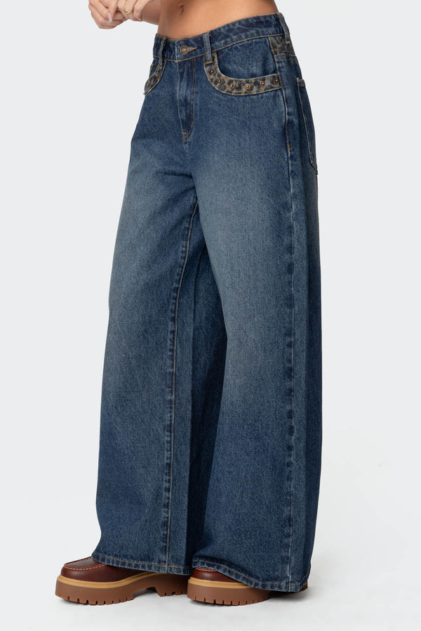 Edikted Gwen Leopard Detail Low Rise Jeans Blue