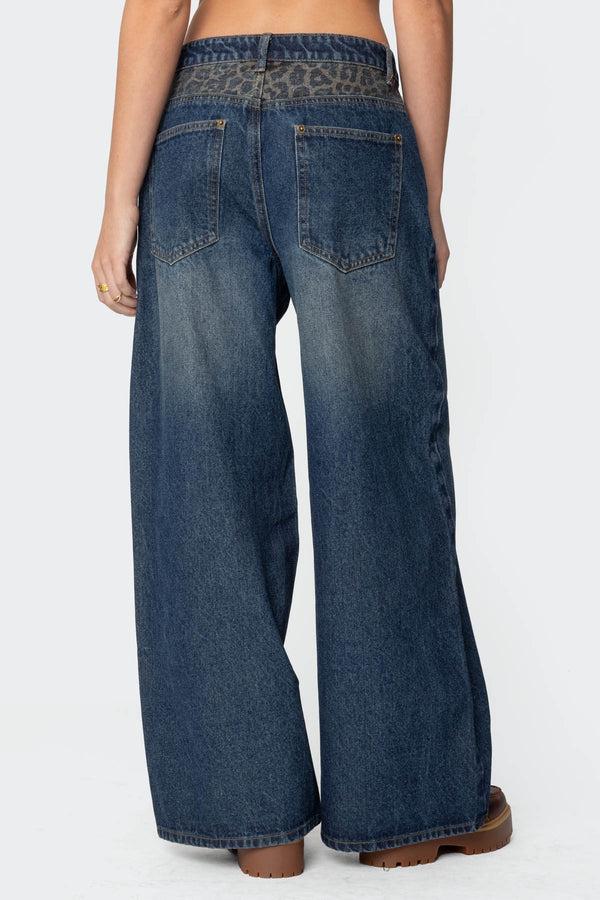 Edikted Gwen Leopard Detail Low Rise Jeans Blue