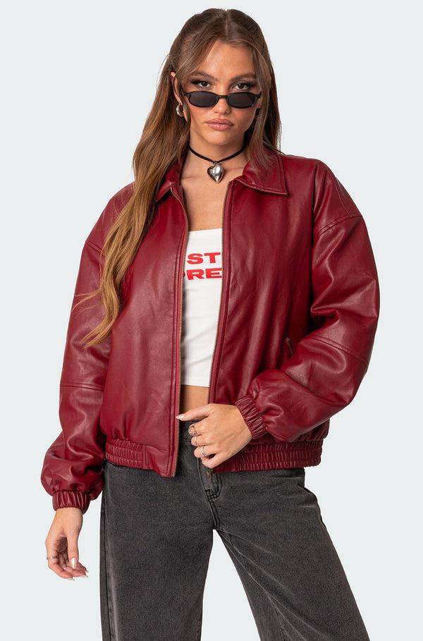 edikted Halley Faux Leather Bomber Jacket bordu
