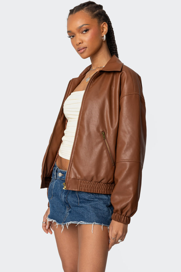 Edikted Halley Faux Leather Bomber Jacket Brown