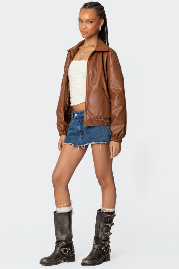 Edikted Halley Faux Leather Bomber Jacket Brown