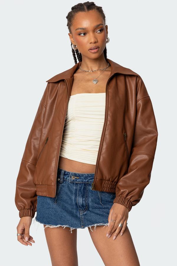 edikted Halley Faux Leather Bomber Jacket brown