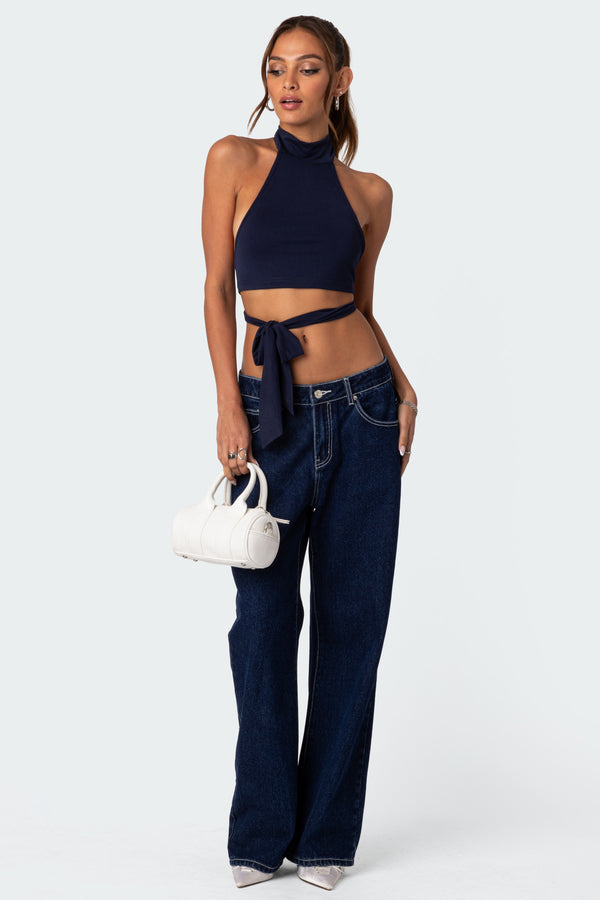Edikted Hamlin Wrap Tie Crop Top Navy