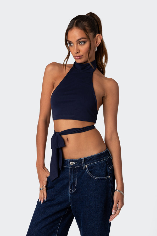 Edikted Hamlin Wrap Tie Crop Top Navy