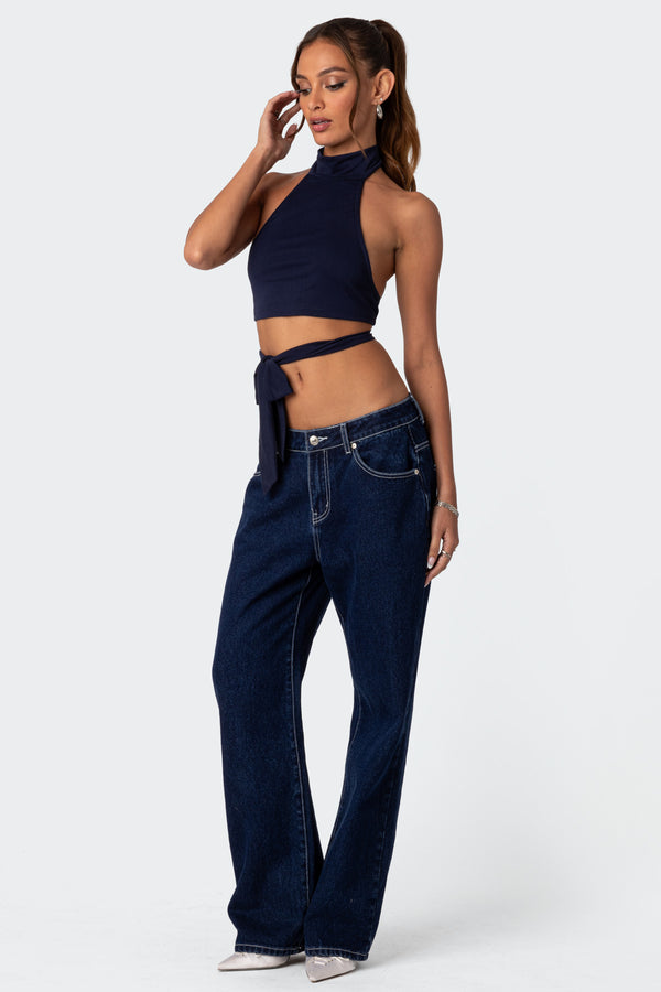 Edikted Hamlin Wrap Tie Crop Top Navy