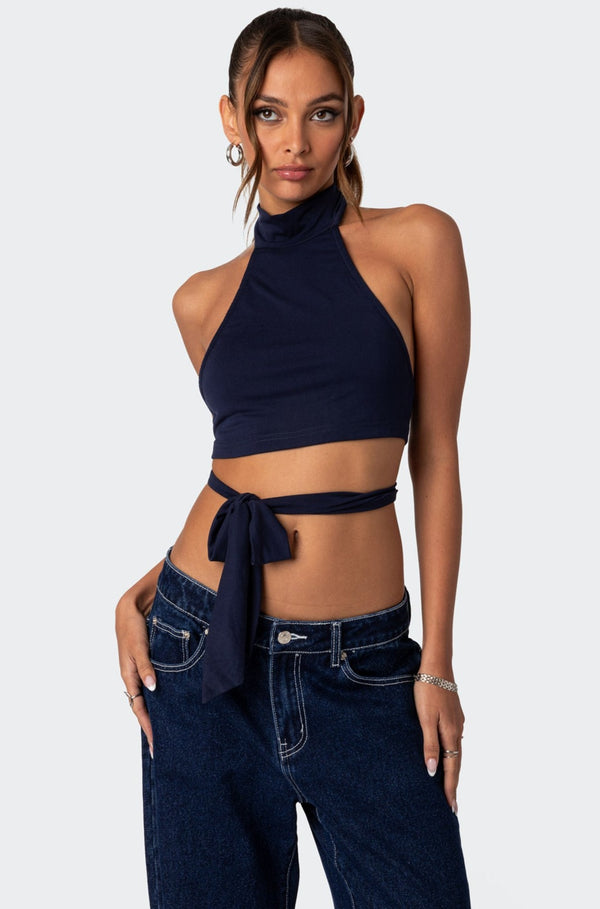 edikted Hamlin Wrap Tie Crop Top navy