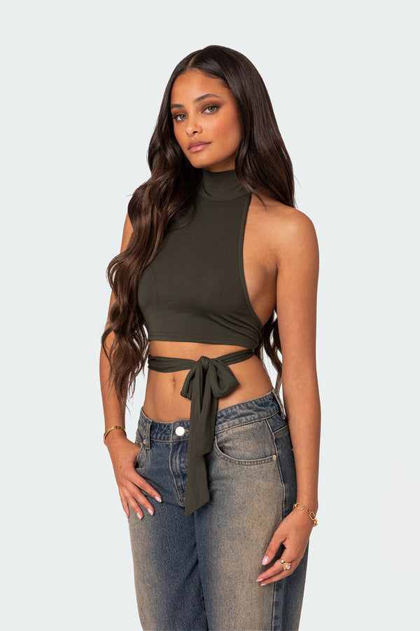 Edikted Hamlin Wrap Tie Crop Top Olive