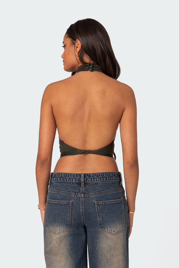 Edikted Hamlin Wrap Tie Crop Top Olive