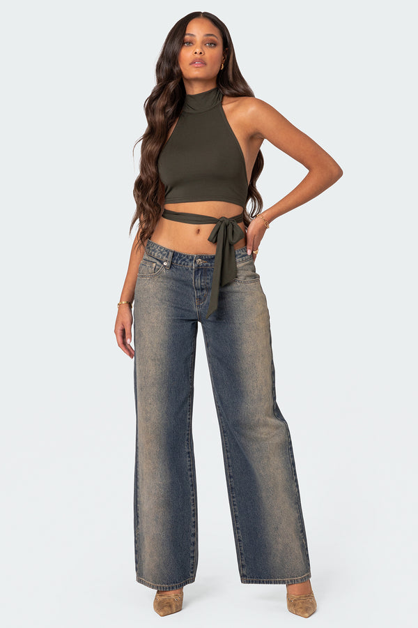 Edikted Hamlin Wrap Tie Crop Top Olive