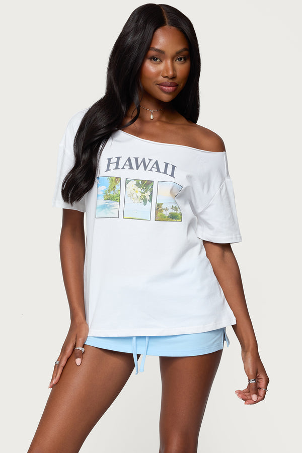 edikted Hawaiian Babe Off Shoulder T Shirt white
