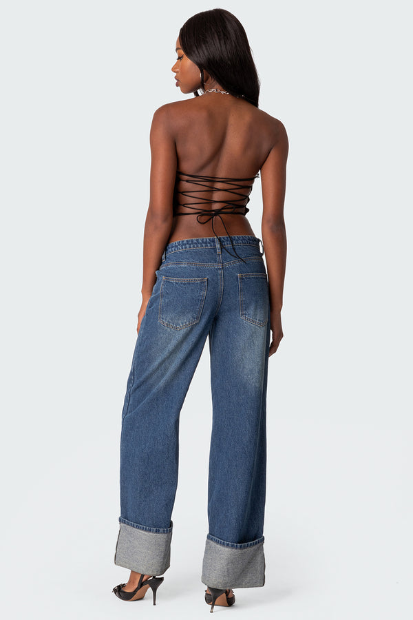 Edikted Hayley Lace Up Ruffle Tube Top Black
