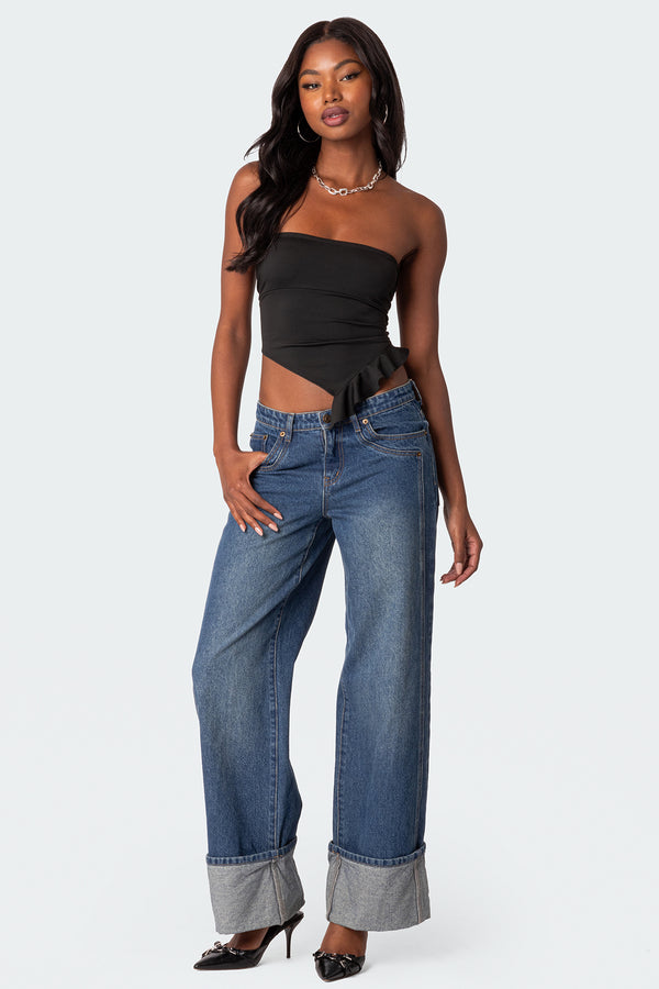 Edikted Hayley Lace Up Ruffle Tube Top Black