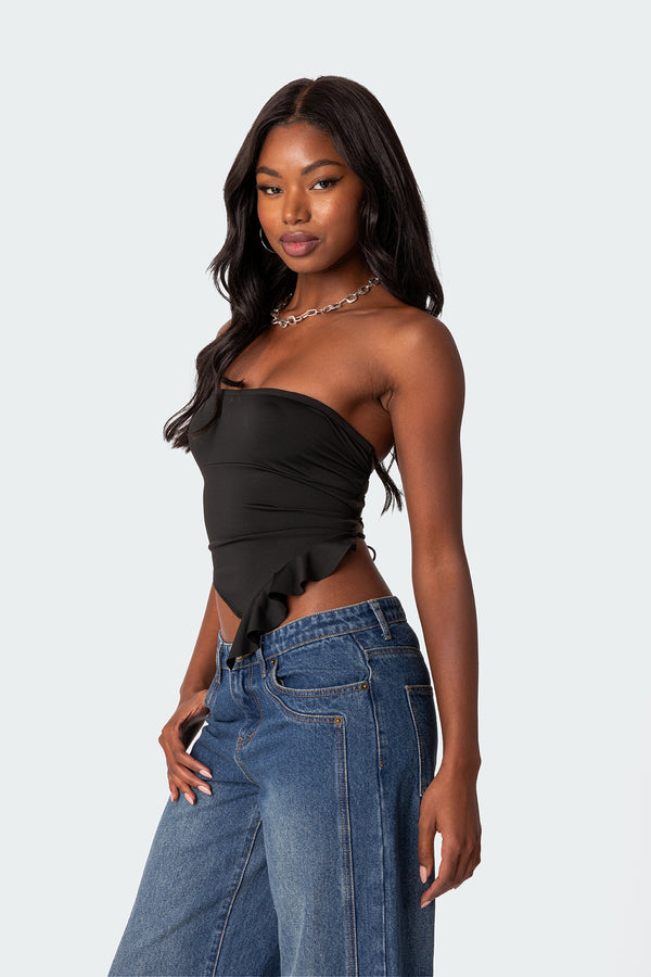 Edikted Hayley Lace Up Ruffle Tube Top Black
