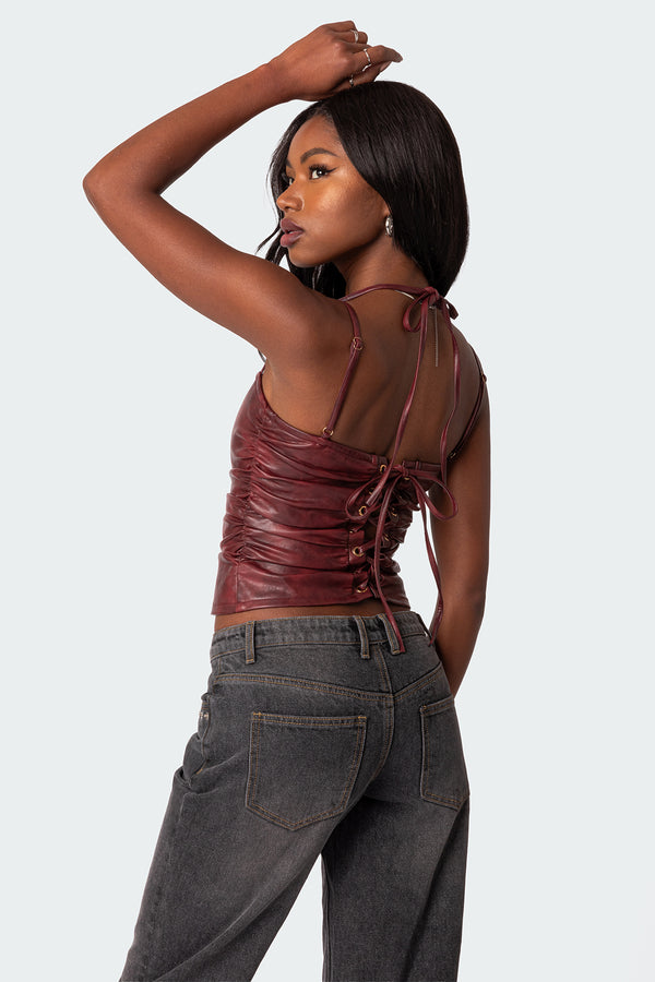 Edikted Haze Strappy Faux Leather Top Red