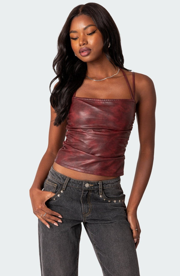 edikted Haze Strappy Faux Leather Top red