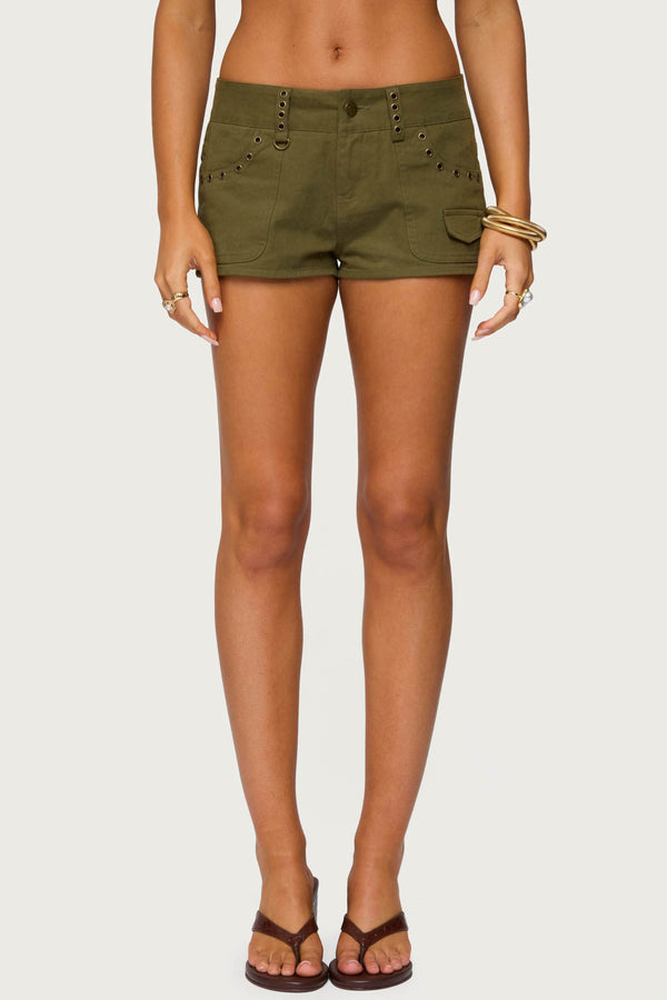 Edikted Hazen Grommet Low Rise Shorts Olive Washed