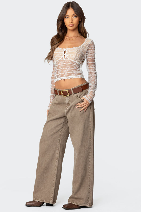 Edikted Heart & Bow Sheer Lace Top White