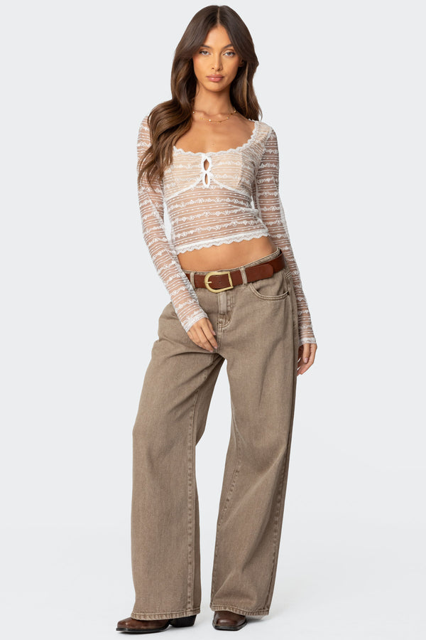 Edikted Heart & Bow Sheer Lace Top White