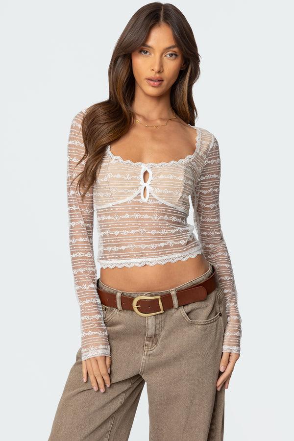 edikted Heart & Bow Sheer Lace Top white