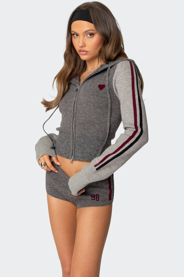 Edikted Heart Knit Zip Up Hoodie Gray