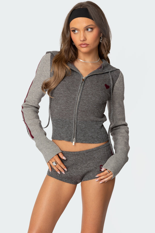 Edikted Heart Knit Zip Up Hoodie Gray