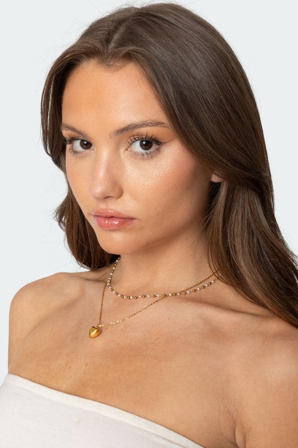 edikted Heart & Pearl Layered Necklace gold