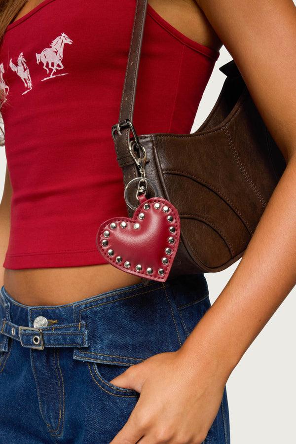 edikted Heart Studded Faux Leather Bag Charm red