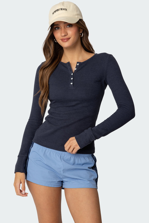 edikted Helaine Waffle Henley T Shirt dark blue