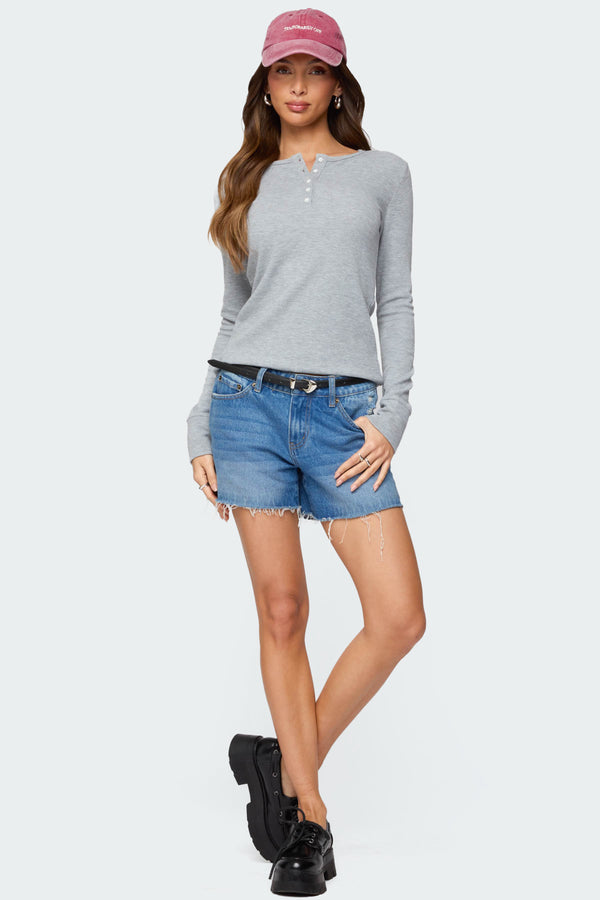 Edikted Helaine Waffle Henley T Shirt Gray Melange