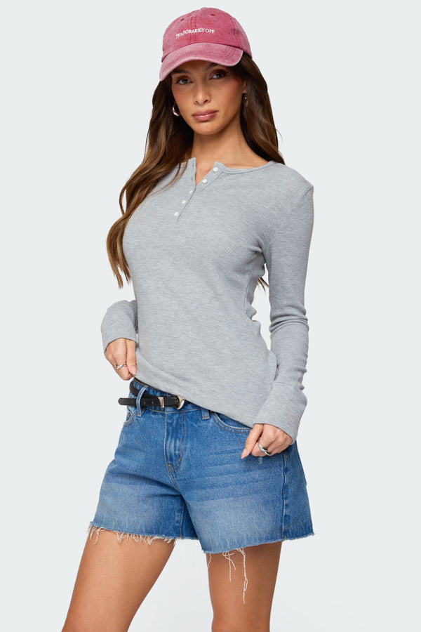 Edikted Helaine Waffle Henley T Shirt Gray Melange