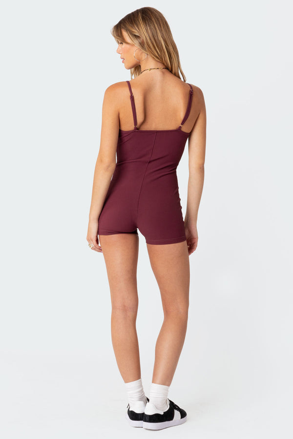 Edikted Henley Ribbed Romper Burgundy