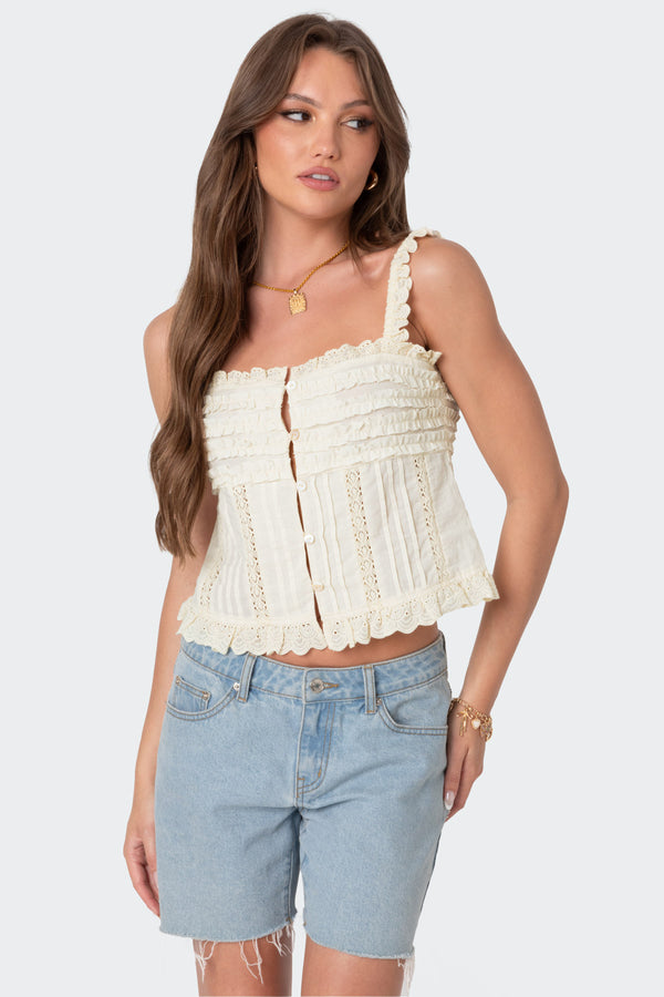 Edikted Hera Button Front Ruffled Top Cream