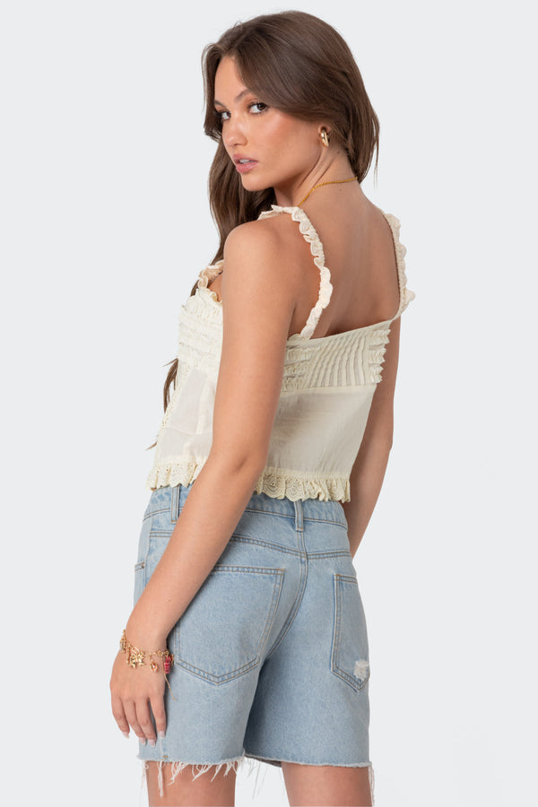 Edikted Hera Button Front Ruffled Top Cream