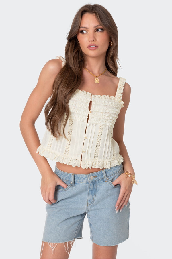 edikted Hera Button Front Ruffled Top cream
