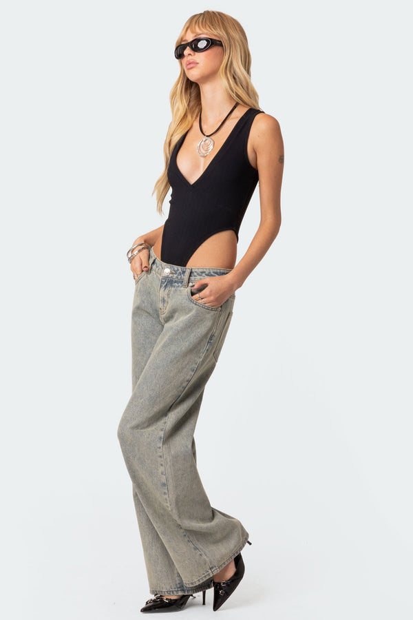 Edikted High Cut Ribbed V Neck Bodysuit Black