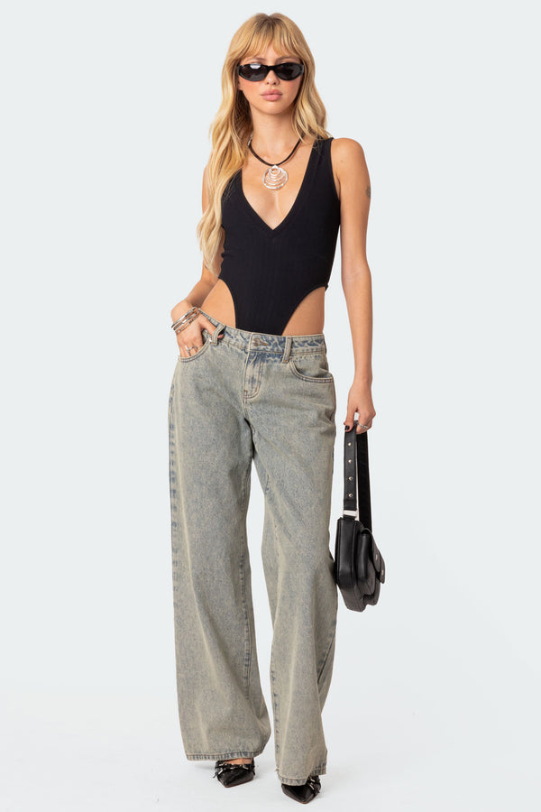 Edikted High Cut Ribbed V Neck Bodysuit Black