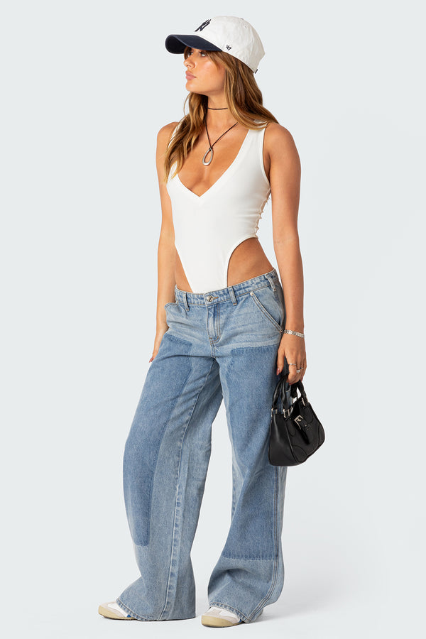 Edikted High Cut Ribbed V Neck Bodysuit White