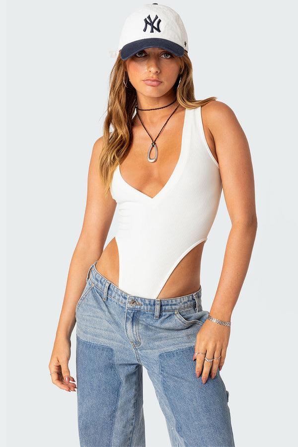 edikted High Cut Ribbed V Neck Bodysuit white