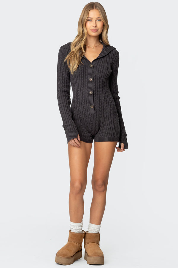 edikted Hooded Cable Knit Romper dark gray