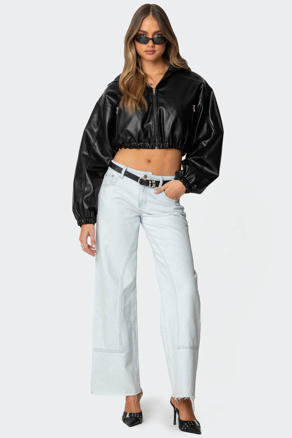 Edikted Hooded Faux Leather Cropped Jacket Black