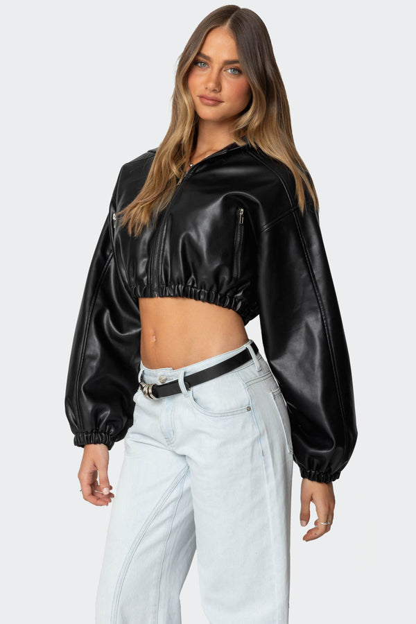 Edikted Hooded Faux Leather Cropped Jacket Black