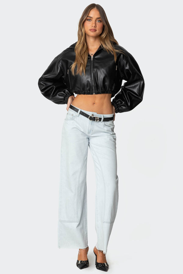 Edikted Hooded Faux Leather Cropped Jacket Black