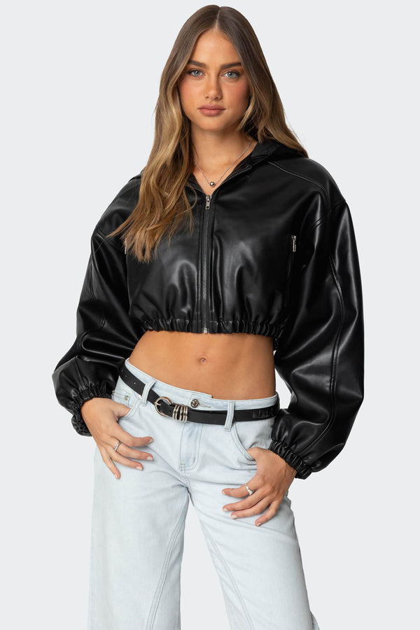 edikted Hooded Faux Leather Cropped Jacket black