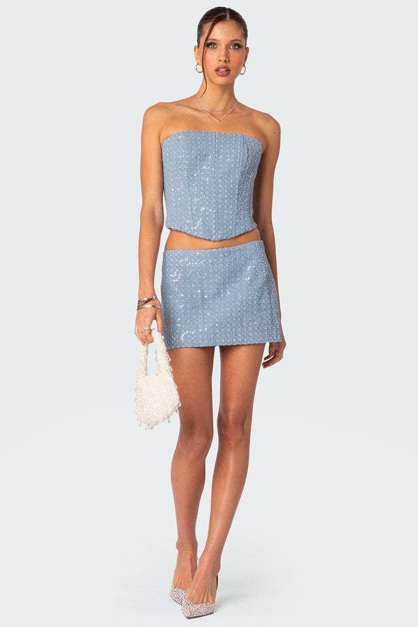 Edikted Icing Sequined Denim Corset Light Blue