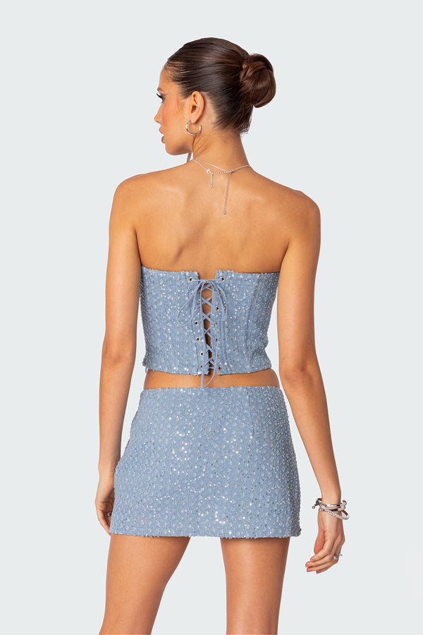 Edikted Icing Sequined Denim Corset Light Blue